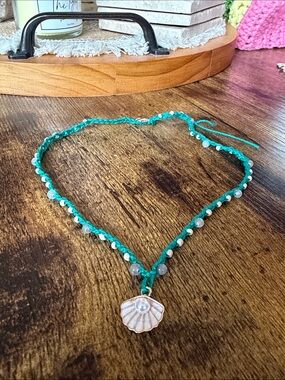 Handcrafted Teal Beaded Shell Pendant Necklace - Lightweight Beach Style